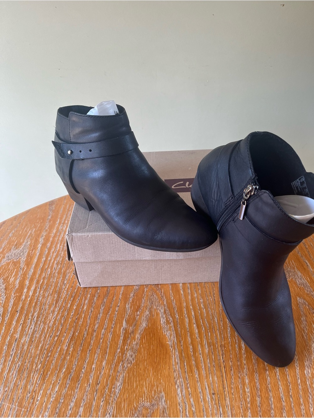 Clarks Black Leather Ankle Booties with Strap Detail